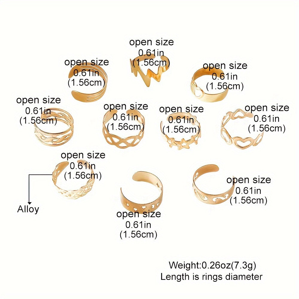 10pcs Set Unique Hollow Star Moon Heart Design Toe Ring Alloy Jewelry Bohemian Elegant Style Adjustable Ankle Ring Suit